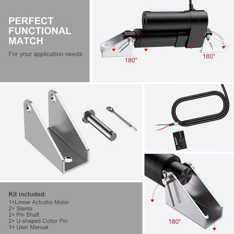 Justech 12V heavy-duty linear actuator kit with mounting brackets, pins, cotter pin, and control cable