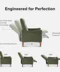 Arthur Recliner Chair With 3 Position Recline Olive Green Velvet High Back Padded Support Mid Century Modern Reading Chair showing recline angles