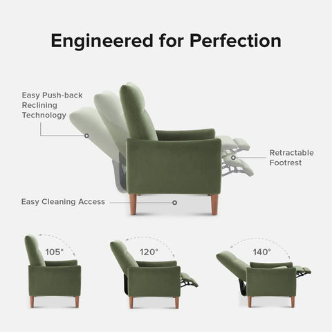 Arthur Recliner Chair With 3 Position Recline Olive Green Velvet High Back Padded Support Mid Century Modern Reading Chair showing recline angles