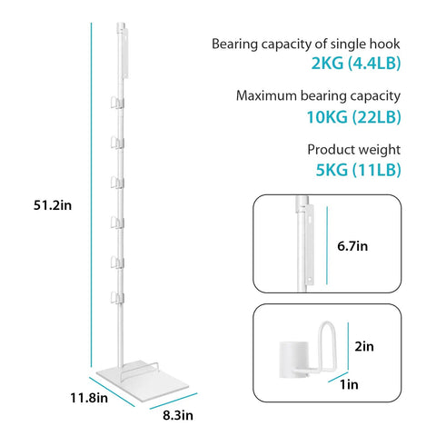 Dimensions and specifications of white Cordless Vacuum Stand Docking Station With 6 Hooks For V15 Detect V11 V10 V8 V7 V6 Bracket.