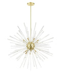 Straight Up 16 Light Satin Brass Foyer Pendant Chandelier With Real Clear Crystal Rods Built Different For Grand Entries And Modern Homes Damp Rated, starburst design with clear rods.