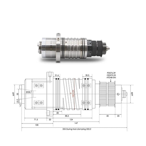 BT30 CNC Router Spindle 3KW To 5.5KW High Speed Milling Machine With 7008C Ceramic Bearings And 10000 RPM Max Water Cooled with dimensions