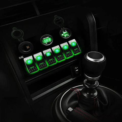 12 Volt Green LED 6 Gang Rocker Switch Panel With USB Charger And Cigarette Lighter Socket Voltmeter in car console