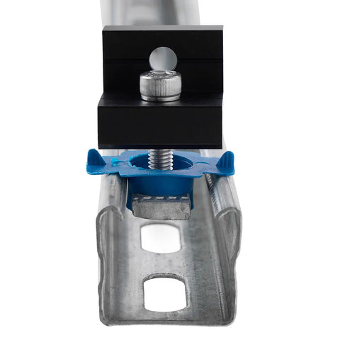 Close-up of Heavy Duty Solar Panel Clamps Kit for One And Five Eighths Inch Strut Rails with aluminum bracket and blue nut