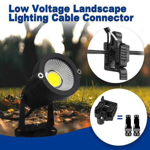 No-Fuss Install Low Voltage Landscape Lighting Wire Connectors 12-18 Gauge UL Listed showing close-up of a spotlight and connectors.