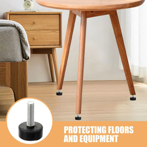 Wooden table with 4 Pack Adjustable Rubber Feet for Furniture With Screw In Design, non-slip leg levelers seen from side angle.