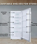 Interior view of 14 Cubic Foot Upright Freezer Refrigerator In Stainless Steel showing adjustable shelves and storage features.
