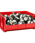 Heavy Duty Red Plastic Storage Bins 18 Pack With 15 By 8 By 7 And 15 By 16 By 7 Inch Sizes filled with electrical connectors.