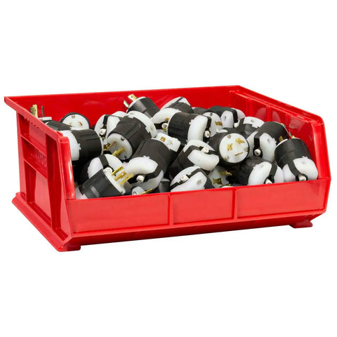 Heavy Duty Red Plastic Storage Bins 18 Pack With 15 By 8 By 7 And 15 By 16 By 7 Inch Sizes filled with electrical connectors.