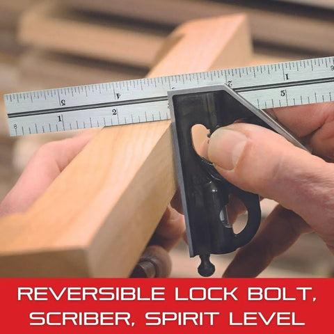 Beefy Pro Grade Steel Combination Square With Square Head And Center Head, 12 Inch Blade in use on wooden surface