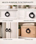 Black Cast Iron Cabinet Drawer Ring Pull, Mission Style Antique Drop, shown in kitchen, dresser, closet, and storage box