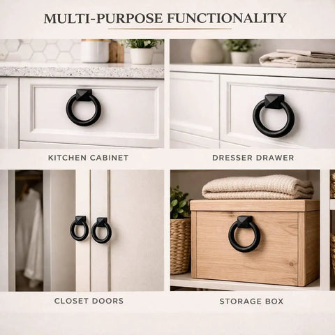 Black Cast Iron Cabinet Drawer Ring Pull, Mission Style Antique Drop, shown in kitchen, dresser, closet, and storage box