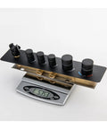 RIBEUJIZS Digital Shower System control panel with brass body and adjustable knobs for temperature and flow, shown on a scale.