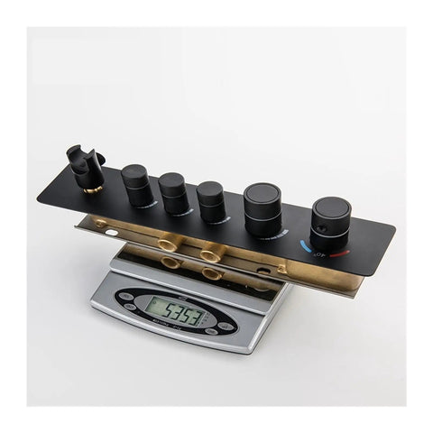 RIBEUJIZS Digital Shower System, Black Bathroom Thermostatic Shower System control panel, solid brass and ABS components.