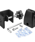 Beefy 4 Pack Desk Partition Divider Bracket Clips, Tough As Nails Sneeze Guard Holders For Crystal Clear Acrylic Panels, Rust Resistant C Clamp Mounts For Sturdy Wood Tables, Matte Black components including clips and screws.