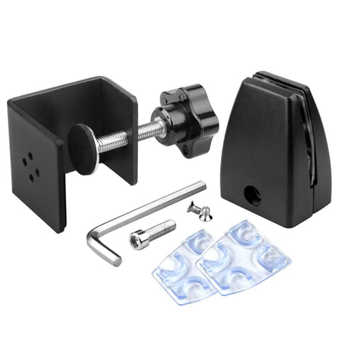 Beefy 4 Pack Desk Partition Divider Bracket Clips, Tough As Nails Sneeze Guard Holders For Crystal Clear Acrylic Panels, Rust Resistant C Clamp Mounts For Sturdy Wood Tables, Matte Black components including clips and screws.