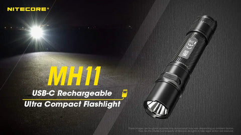 Mh11 1000 Lumen Rechargeable Flashlight With USB C Fast Charge, EDC Pocket Light, shown in dark environment with beam