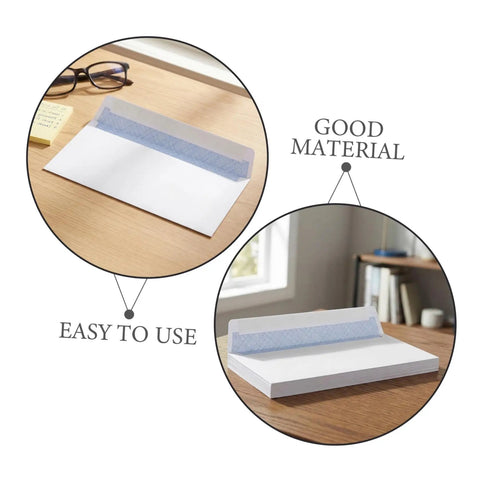 100 Pack White Self Seal Envelopes with Release Paper for Privacy Protection, Bulk Office Must Haves shown on a desk