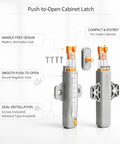 Push To Open Cabinet Latch With Hidden Rebounder Mechanism For Handle Free Doors Includes Screws And Tape For Easy Kitchen And Bedroom Retrofit Smooth Press Pop Open Sleek And Secure Cupboard Upgrade showing latch details and installation tools.