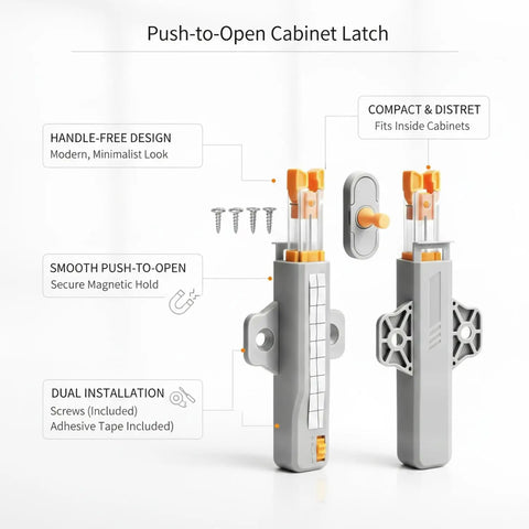 Push To Open Cabinet Latch With Hidden Rebounder Mechanism For Handle Free Doors Includes Screws And Tape For Easy Kitchen And Bedroom Retrofit Smooth Press Pop Open Sleek And Secure Cupboard Upgrade showing latch details and installation tools.