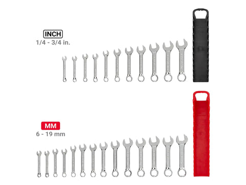 Stubby Wrench Set With Holders, 25 Piece Inch And Metric Combo, arranged with black and red holders, short length for tight spaces.