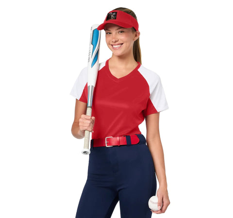 Tough Industrial Gear Abandoned Factory Machinery Sport Sun Visor In Red For Adult One Size worn by female athlete holding a bat.