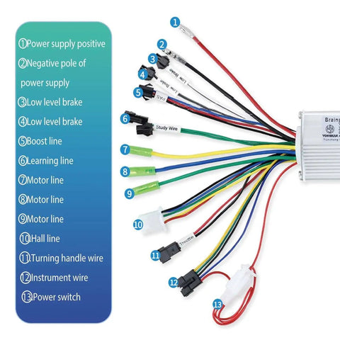 No Fuss 36V And 48V 350W Brushless Dc Motor Controller With Bright LCD Screen showing wire connections for electric bicycle setup.