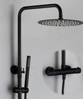 Rock Solid Matte Black Rainfall Shower Head System With Easy Thermostatic Temp Control and Heavy Duty Brass Handheld Spray anti mineral nozzles.