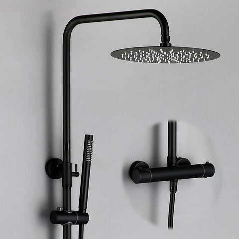 Rock Solid Matte Black Rainfall Shower Head System With Easy Thermostatic Temp Control and Heavy Duty Brass Handheld Spray anti mineral nozzles.