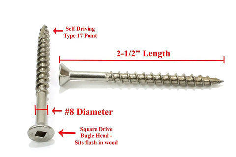Dead Nuts Corrosion Resistant Stainless Deck Screws 100 Pack Square Drive Type 17 Wood Point 305 Marine Steel, 2-1/2" length