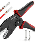 Easy No Fuss MC4 Solar Crimping Tool With Ratchet Mechanism For AWG 14 12 10 Cables Precision Jaw Crimper next to wires