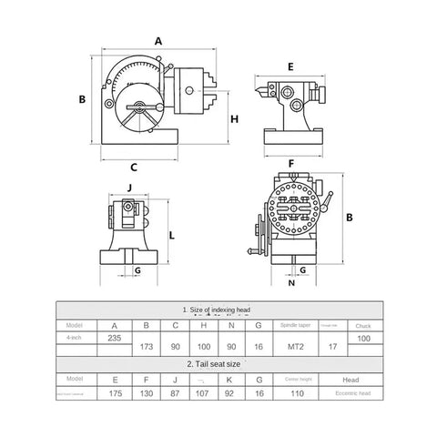 4 Inch Dividing Head With Three Jaw Chuck And Tailstock Built Tough Precision Semi Universal Rotary Table For Milling Machines technical diagram showing dimensions and specifications.