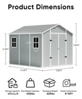 Outdoor Resin Storage Shed 8x10 Ft With Lockable Door dimensions and specifications graphic with 413 cu.ft capacity