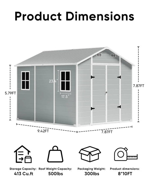 Outdoor Resin Storage Shed 8x10 Ft With Lockable Door dimensions and specifications graphic with 413 cu.ft capacity