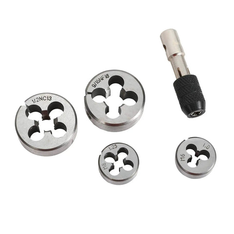 110 Piece Metric And SAE Tap And Die Set For Metalworking with alloy steel titanium dies and adapter close-up view.