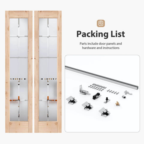 Bi-Fold Doors For 36 By 80 Opening With Tempered Frosted Glass Cross Panels, Concealed Hardware Kit, Wood French Barn Style