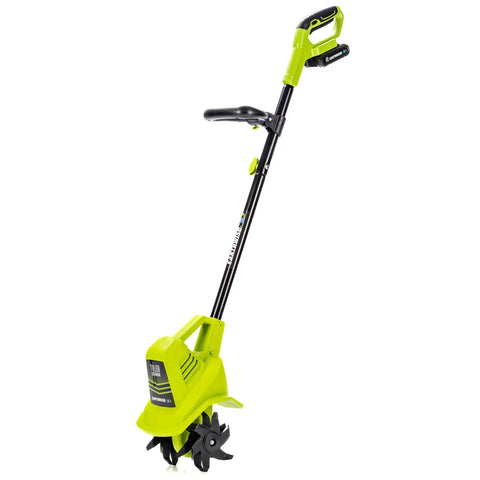 20V Cordless Garden Tiller Cultivator With 7.5 Inch Tilling Head, 2Ah Battery And Fast Charger Included, Green, lightweight yard tool shown