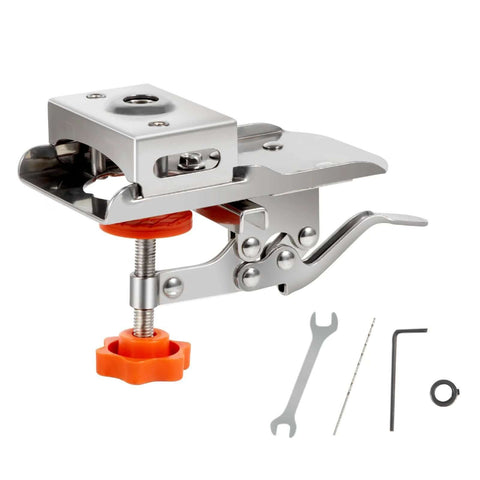 Woodworking 35mm hinge boring guide, silver metal with orange knob and clamp, front view
