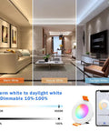 Image showing 2 Inch Smart LED Recessed Light Kit with 5W RGB Color Changing and CCT 2700K to 6500K, Dimmable, WiFi Control in various room settings