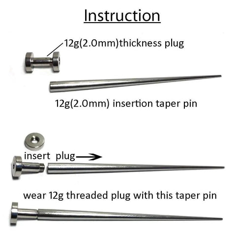 12G 2.0mm Stainless Steel Insertion Taper Pin for Piercing Stretching, 316L Implant Grade Hollow End Calor Style Tool, Gauge Up From 14G to 12G, No Thread Inside, 60mm Length. Instruction image showing stainless taper pin with 12G plug