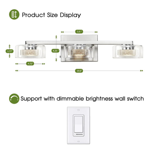 Dimmable Led Three Light Bathroom Vanity Light Over Mirror With Modern Crystal Brushed Nickel Finish dimensions and dimmer switch
