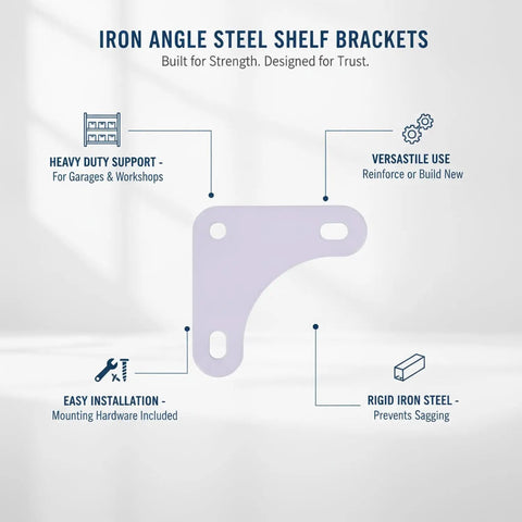 Diagram of heavy duty iron triangle shelf brackets with hardware for angle steel shelving and garage storage racks
