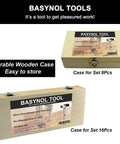 Durable wooden cases for Forstner Bit Set for Wood Drilling 16 Piece Round Shank Drill Bits displayed closed and labeled.