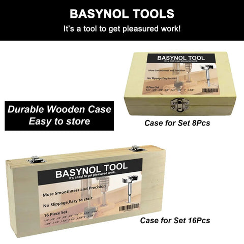 Durable wooden cases for Forstner Bit Set for Wood Drilling 16 Piece Round Shank Drill Bits displayed closed and labeled.