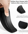 Holding a black rubber door stopper wedge showing striped surface design from the Four Pack Premium Rubber Door Stoppers Wedge Set For Carpet Tile Concrete And Wood Floors Heavy Duty Non Slip Door Wedges That Protect Floors From Scratches And Dents Black.