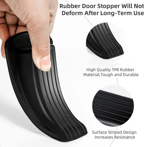 Holding a black rubber door stopper wedge showing striped surface design from the Four Pack Premium Rubber Door Stoppers Wedge Set For Carpet Tile Concrete And Wood Floors Heavy Duty Non Slip Door Wedges That Protect Floors From Scratches And Dents Black.
