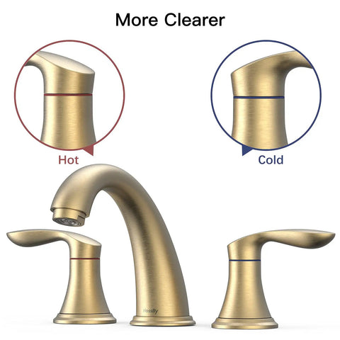 Dual-Handle Widespread Bathroom Sink Faucet in Brushed Gold Finish with 3-Hole Design, hot and cold faucet handles displayed