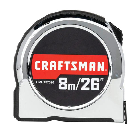 Front view of Retractable 8M Chrome Tape Measure With Rubber Overmold Grip And Durable Blade Coating, 26 Ft Standout.