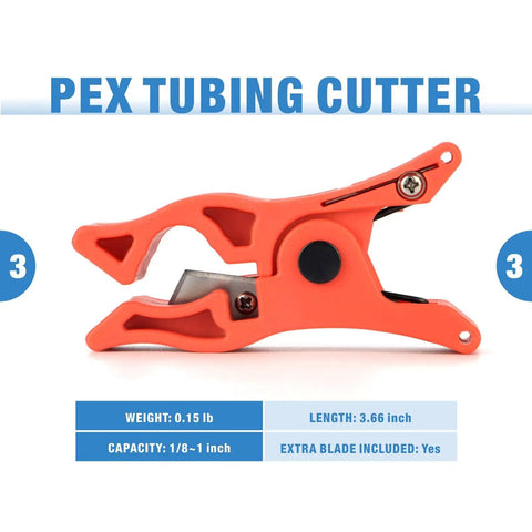 Orange PEX tubing cutter with blade, visible weight 0.15 lb, length 3.66 inch, capacity 1/8-1 inch, extra blade included.