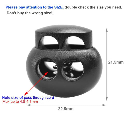 Close-up of black 25 Pack Spring Cord Locks End Stops For Drawstrings And Shoelaces Two Hole Round Plastic Toggles With Rock Solid Grip Easy To Install Fits Four Point Five To Four Point Eight Millimeters Cords Perfect For Paracord Shoelaces Lanyards Ropes And More, showing dimensions